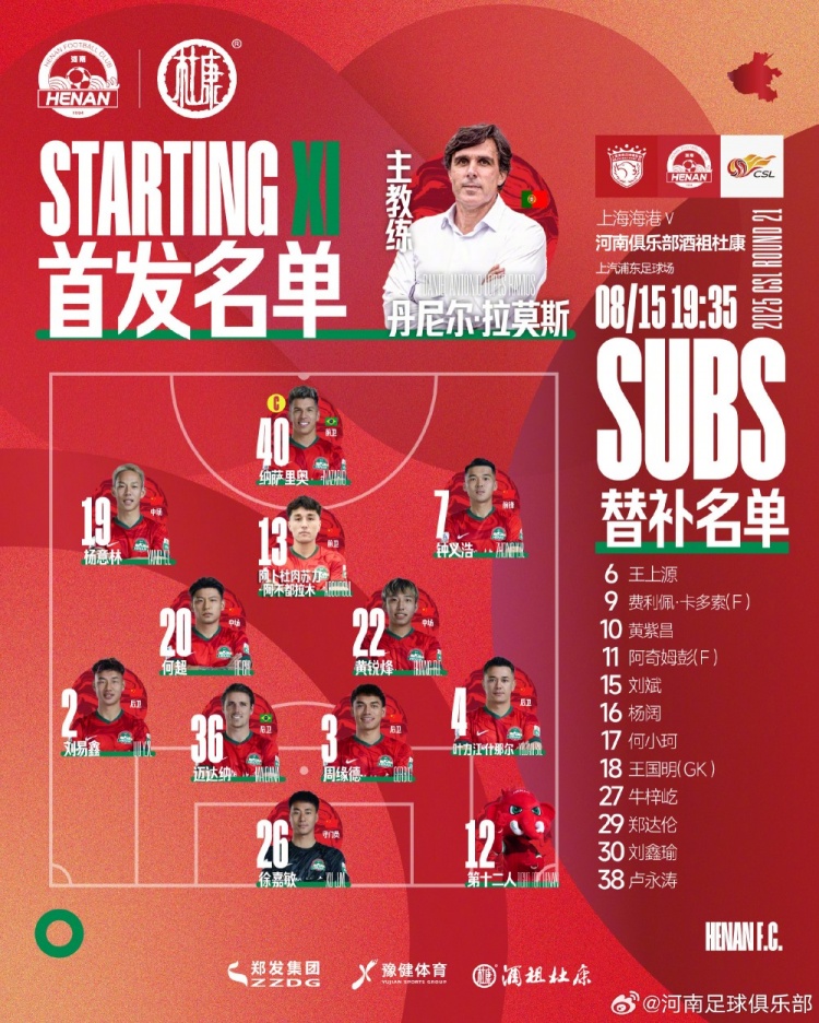 九游体育-中超联赛第21轮 上海海港VS河南首发及替补队员名单